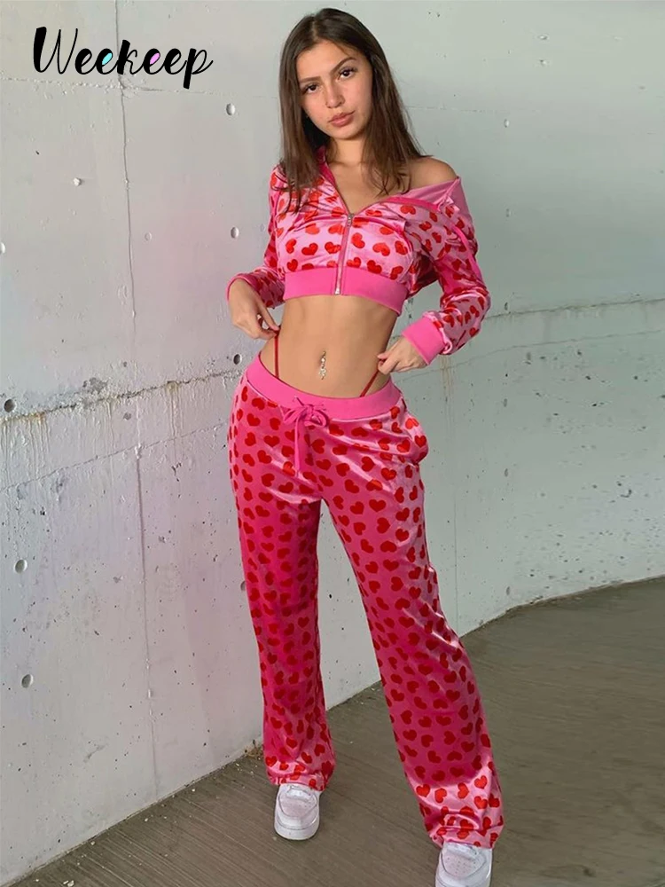 Weekeep/розовые бархатные прямые брюки Y2k с милым сердцем Уличная одежда Женские
