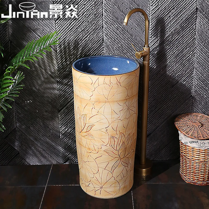 

Yellow Lotus Pedestal Basin Balcony Floor-Standing Ceramic Washbasin Bathroom Vertical Integrated Wash Basin