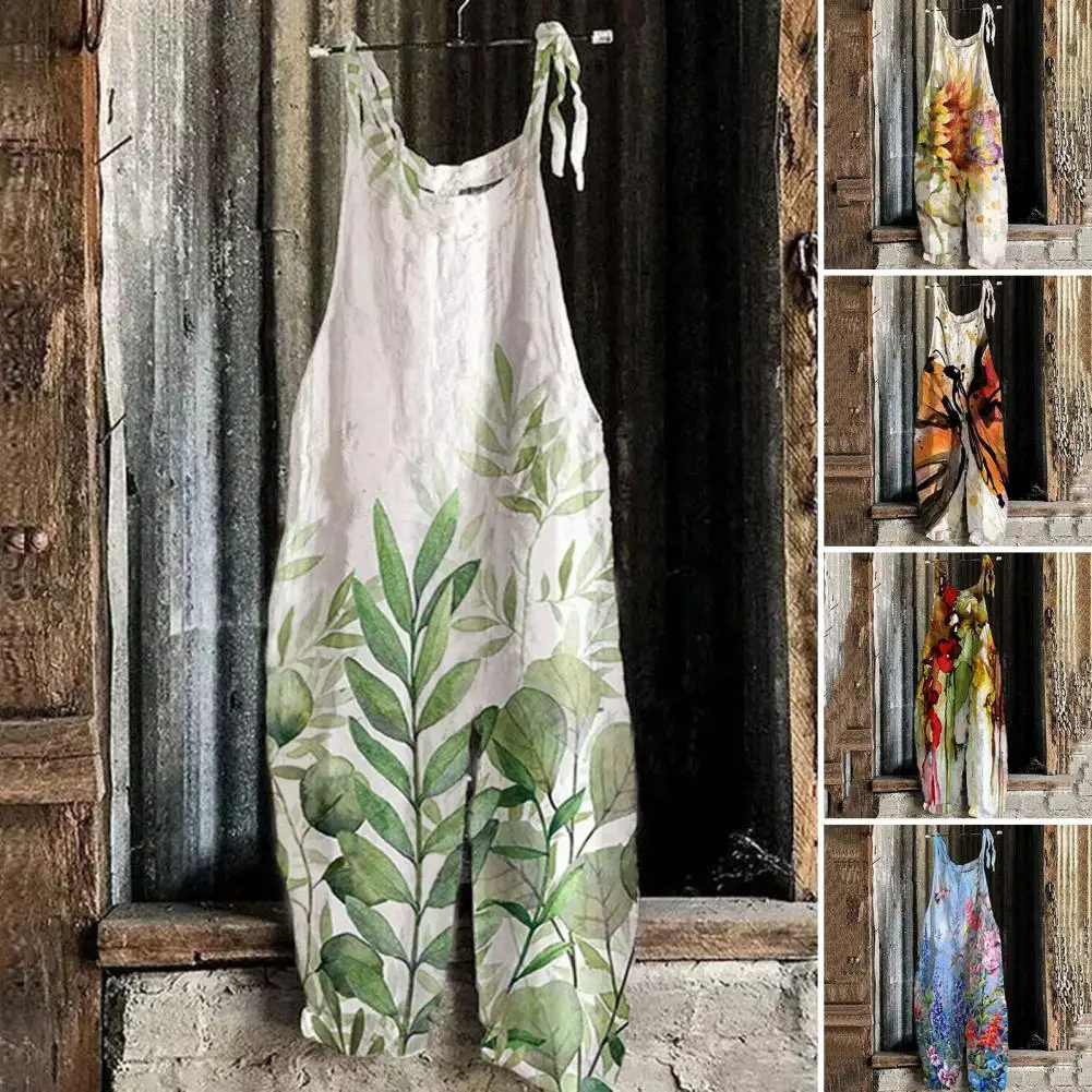 

Summer Jumpsuit Lace Up Vintage Soft Flower Print Jumpsuit Summer Jumpsuit Romper for Home Wear