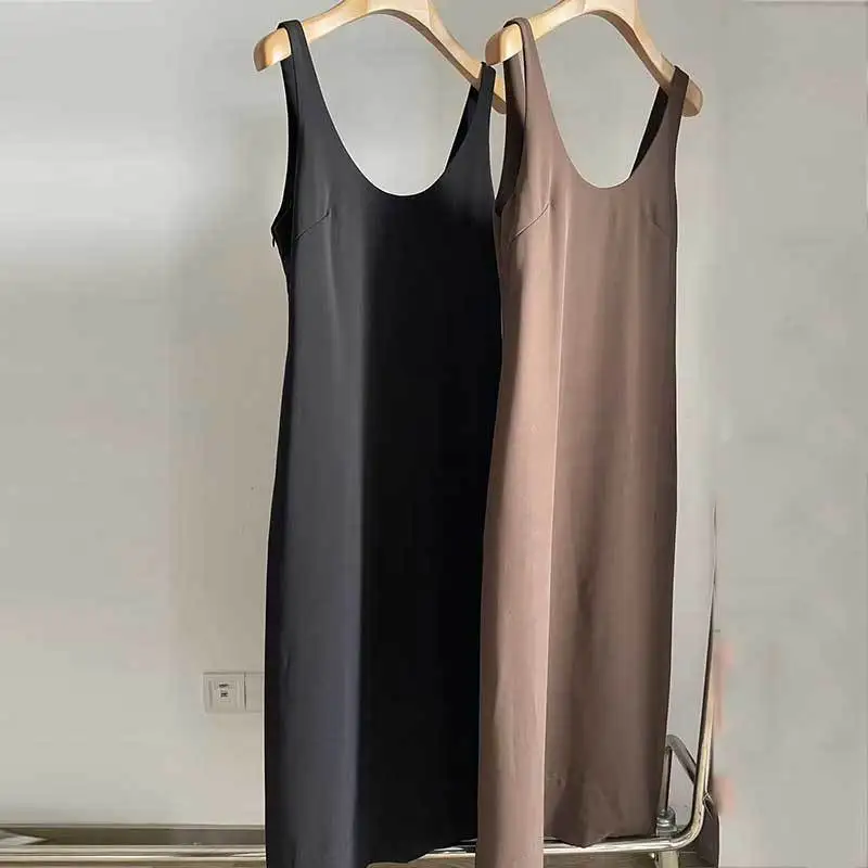 23Fashion New Solid Strap Dress Runway Simple U Neck Sleeveless Wasit Up Backless Maxi Dresses Sexy Women Pockets Clothes 2Color