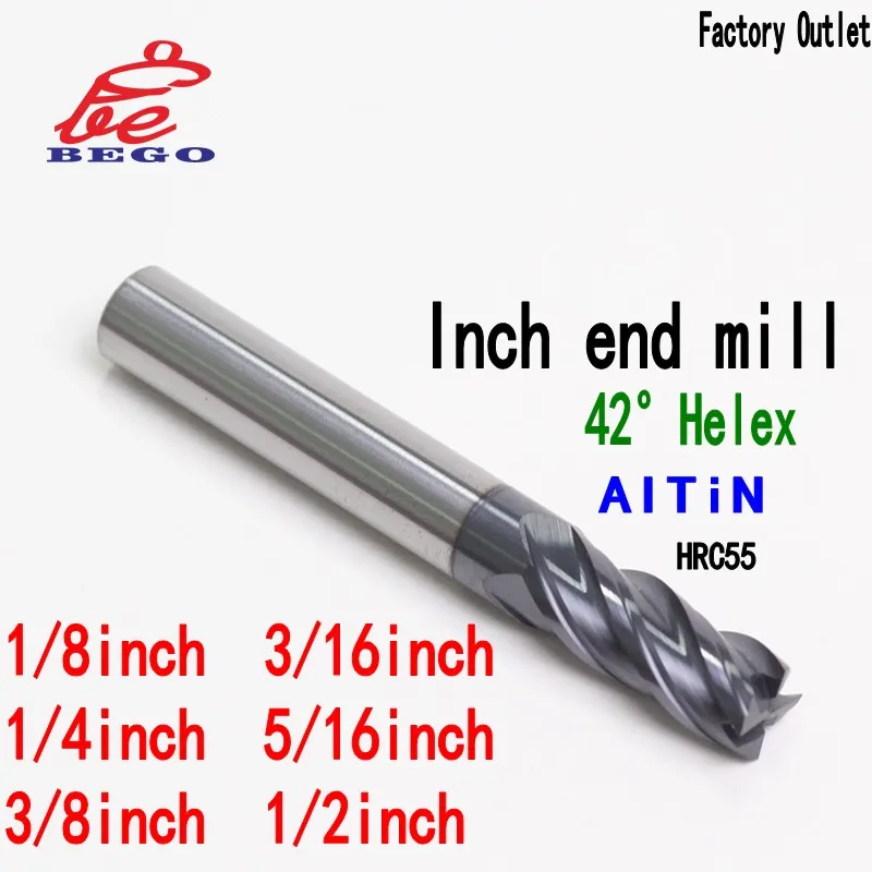 Carbide Tungsten Steel Inch Milling Cutter 1/8 3/16 1/4 5/16 3/8 1/2" CNC End Mill 4 Flute Professional HRC55 3.175 6.35 12.7MM