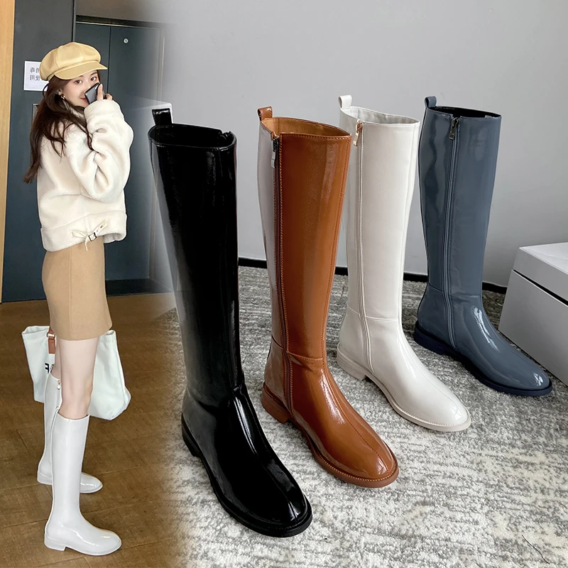 

Женские высокие ботинки из лакированной кожи, с круглым носком, на низком каблуке, 22-25 см