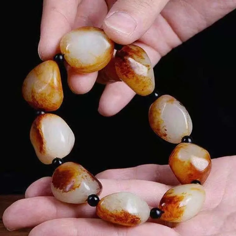 

Natural Xinjiang Hetian Jade Seed Raw Stone Bracelet Pretty Color White Jade Couple Bracelet Bracelet Send Certificate