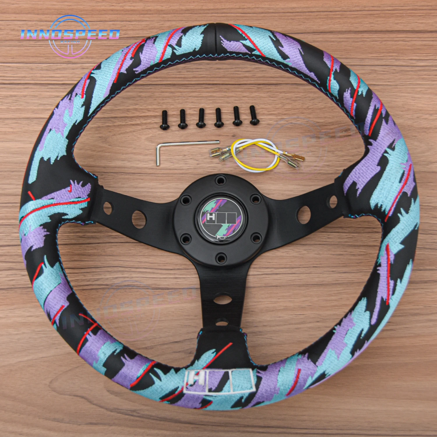 Фото Новый 13-дюймовый 320-миллиметровый игровой руль JDM Sim Racing, универсальный кожаный руль с камуфляжной вышивкой и глубоким блюдом №4