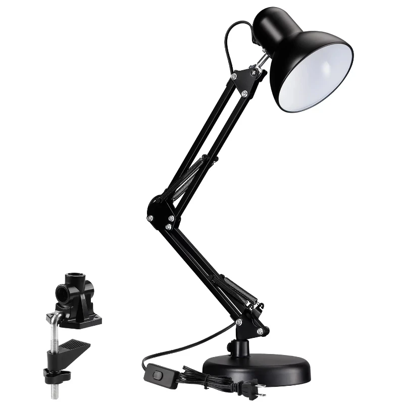 

Metal Swing Arm Desk Lamp, Interchangeable Base Or Clamp, Classic Architect Clip On Table Lamp, Multi-Joint, Adjustable Arm, Bla