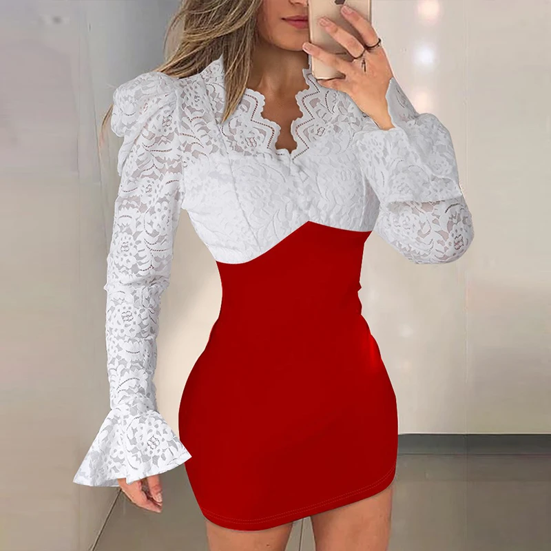 

Fashion Jacquard Hip Wrap Bodycon Dress Elegant V Neck Lace Patchwork Mini Dress Women Contrast Color Long Sleeve Hip Wrap Dress