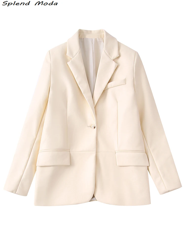 

2022 Za Women Fashion Office Lady Style PU Leather Single Button Blazers Casual Lapel Collar Pockets Blazer Coat Chic Outwear