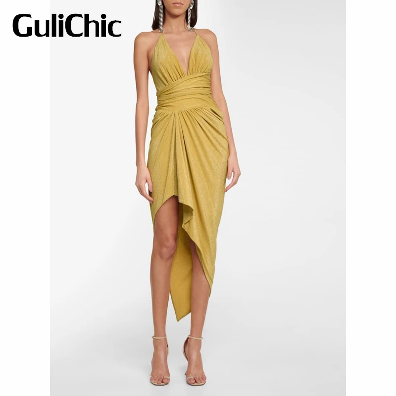 

5.6 GuliChic Women Temperament Elegant Sexy Irregular Hem Deep V-Neck Halter Backless Suspender Folds Collect Waist Split Dress