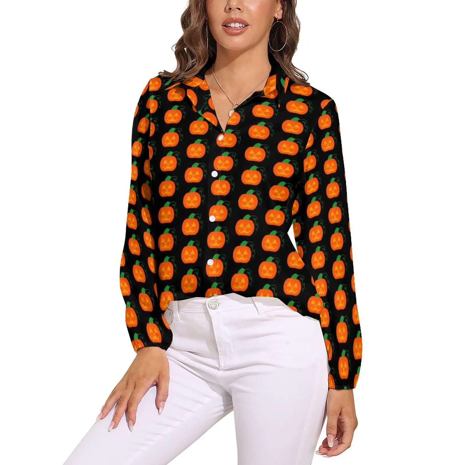 

Pumpkin Print Blouse Female Halloween Streetwear Loose Blouses Long-Sleeve Cute Shirt Printed Clothes Large Size