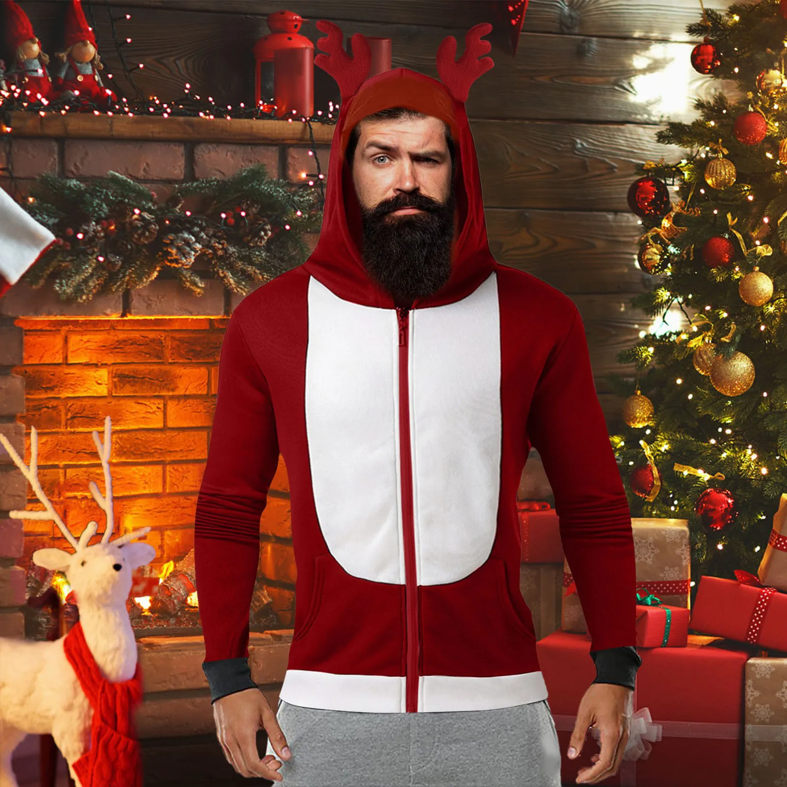 

Men's Winter Christmas Cartoon Antlers Hooded Coat Long Sleeve Color-Block Zipper Party Jacket With Pockets