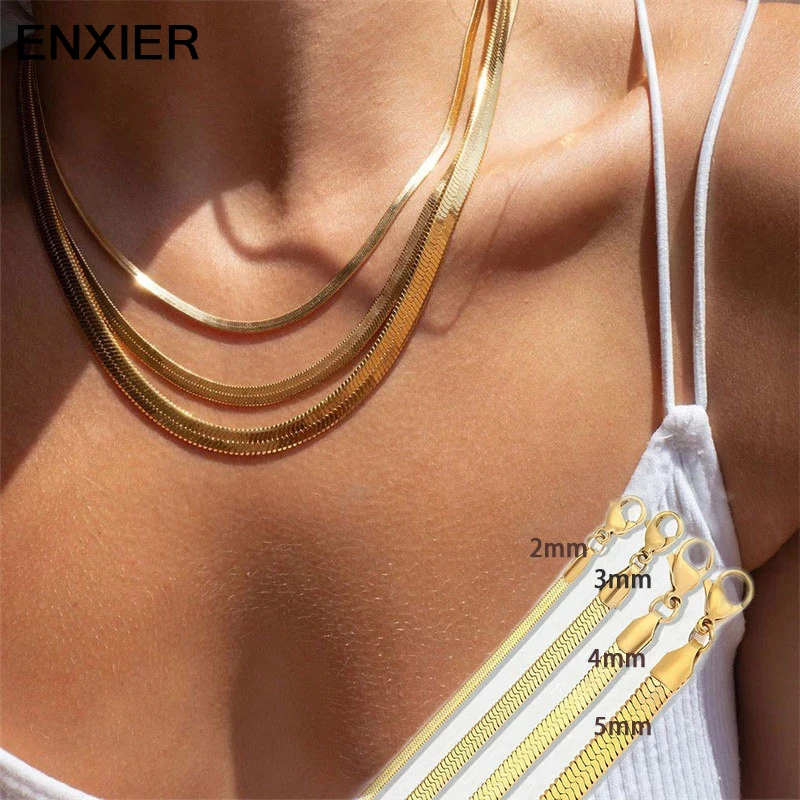 

ENXIER Fashion Flat Snake Chain Necklace For Women Minimalist Width 2/3/4/5mm Stainless Steel Chain Choker On Neck Jewelry