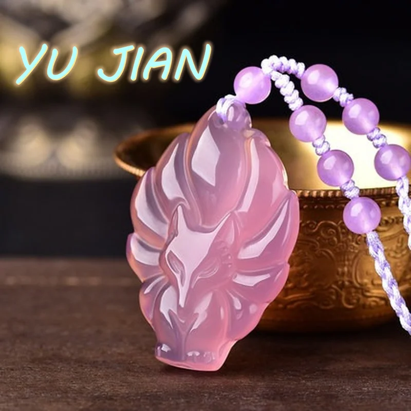 

Hand Carved Fox Head Natural Pink Chalcedony Pendant Fashion Jewelry Men's and Women's Perfect Necklace Gift Accessories