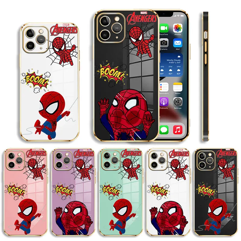 

Marvel Crtoon SpiderMan Boom Luxury Soft Plating Phone Case For iPhone 14 13 12 11 Pro Max Mini X XR XS Max 7 8 6 6s Plus SE