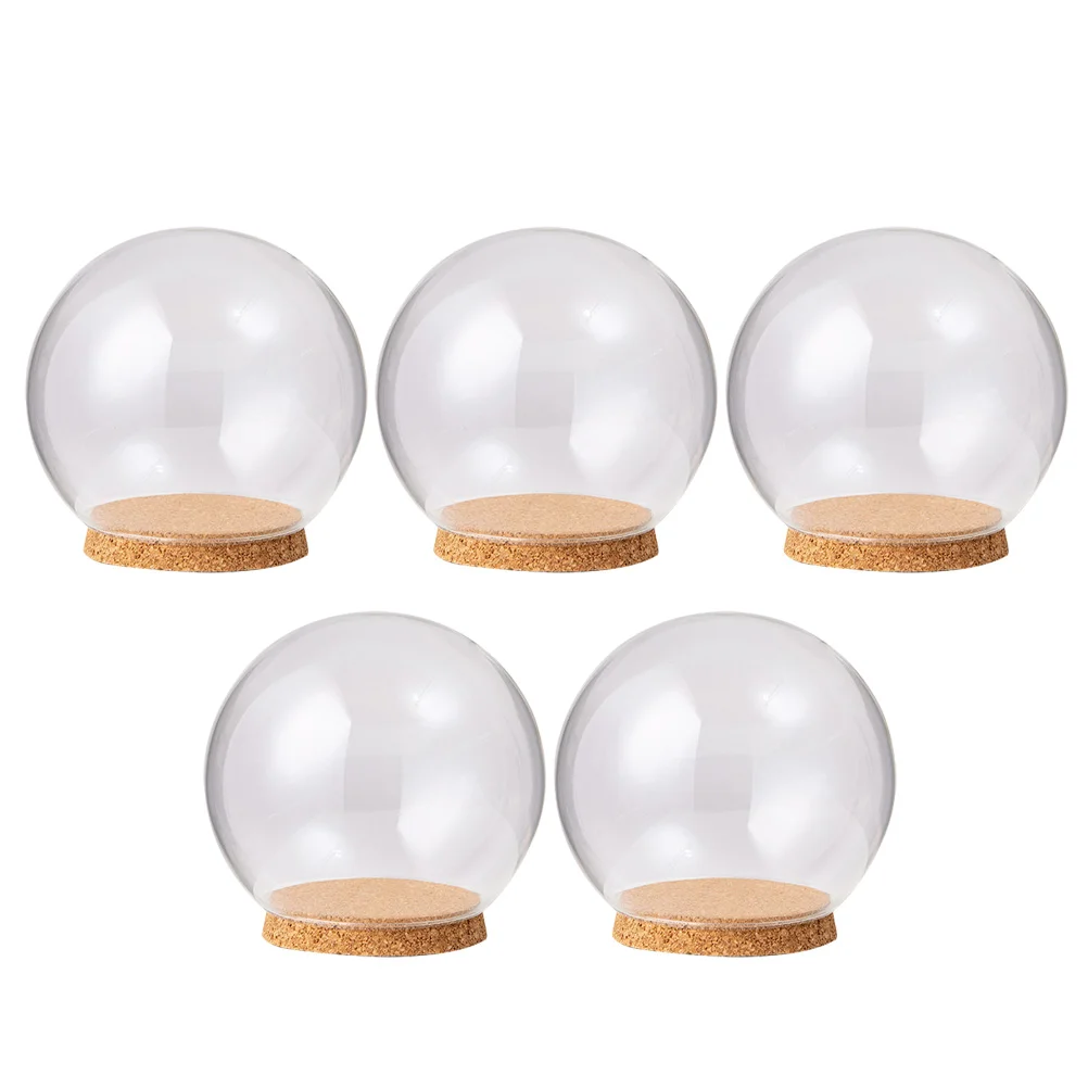 

5 Pcs Cloche Glass Dome Glass Dome Wood Base Cupcake Toppers Empty Ornaments Fill Cupcake Ornament Flowers LED Light Base