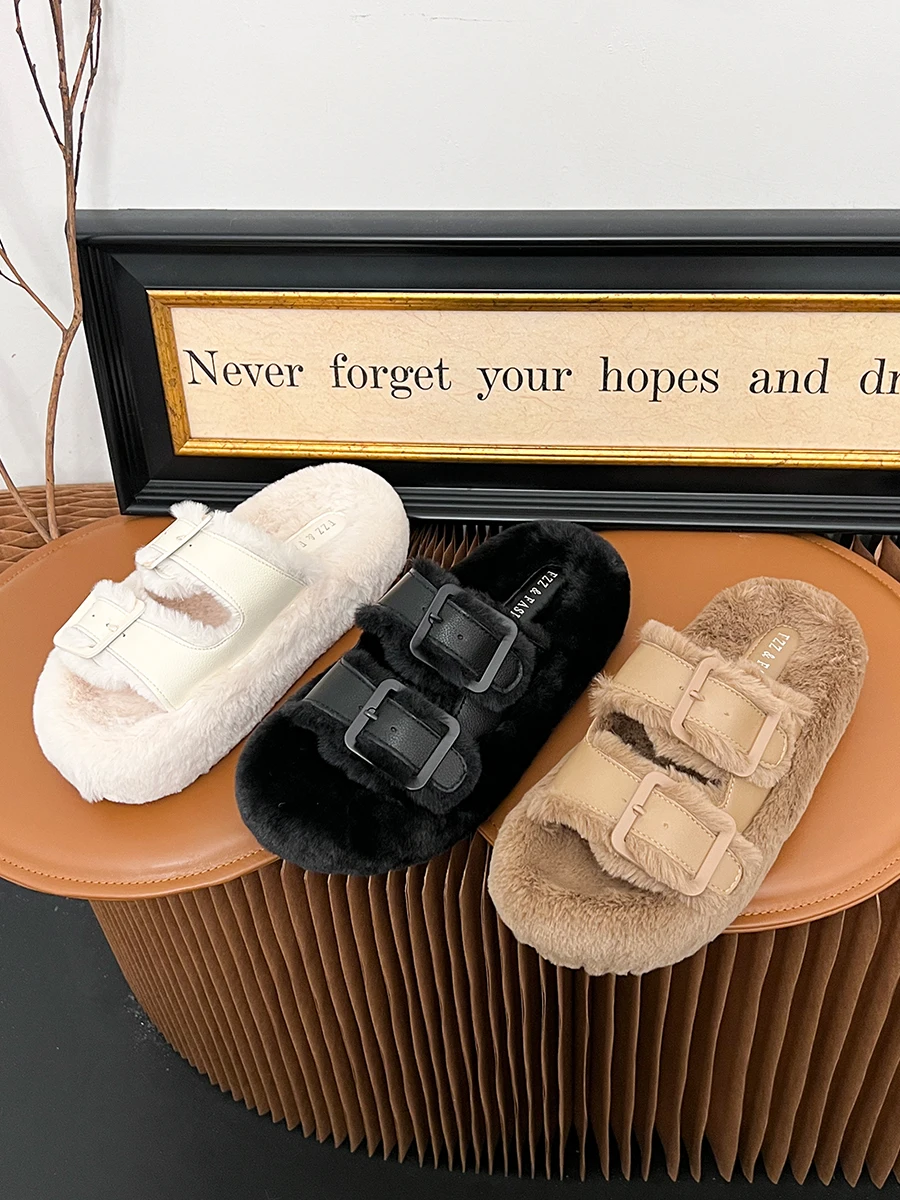 

Shoes Med Slippers Casual Slipers Women Slides Flock Shallow Fur Flip Flops Luxury 2023 Flat Plush with fur Autumn Rubber Short