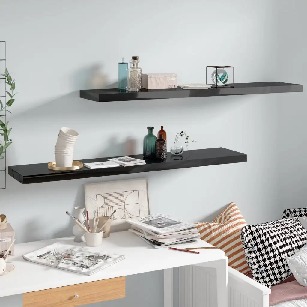 

2 pcs shiny black floating wall shelf 120x23,5x cm MDF