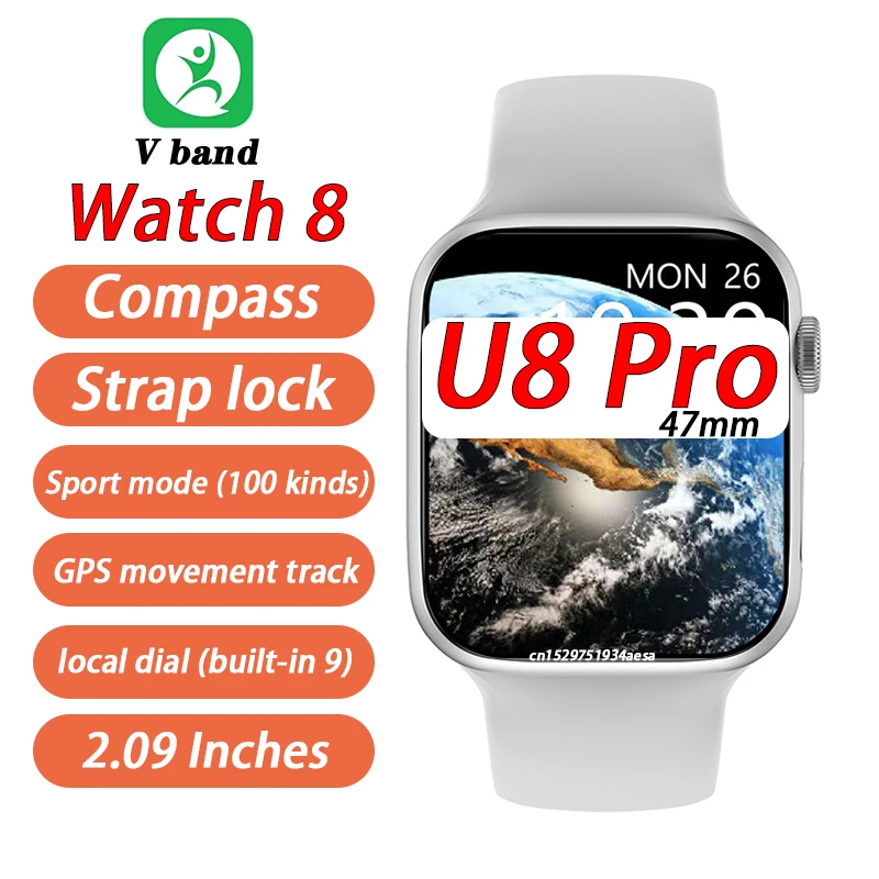 

Men Women Smart Watch Series 8 47mm 2.09 Inch Bluetooth Call NFC Compass GPS Wireless charging Strap Lock IWO U8 Pro Smart Watch