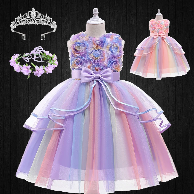 

Элегантное Сетчатое платье для девочек 1-10 лет с 3D цветами и радужной расцветкой Детские платья для крещения на праздник и день рождения