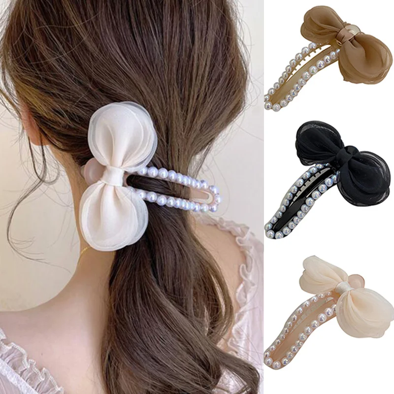 

Mesh Bow Pearl Hair Clip Ponytail Holder Barrette Organza Hair Bows Hairpin Sweet Hair Accessories Korean Super Fairy Headgear