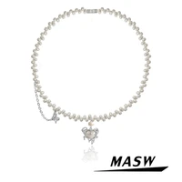 masw trendy jewelry pearl necklace original design hot sale popular style luxury design geometric heart pendant necklace gifts