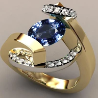 creative fashion blue stone wedding ring for women exquisite gold color inlaid white zircon crystal engagement ring jewelry