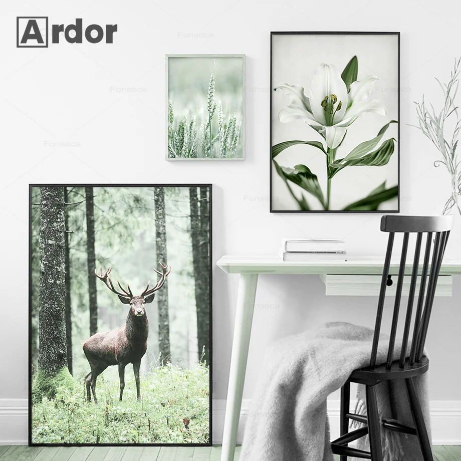 Постер на холсте зеленый лес картина с изображением дикого оленя водопада поток