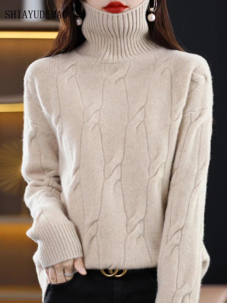 

Women's Sweater Autumn Winter Thickening Loose 100% Wool Turtleneck Long Sleeve Tops Female Knitwears Fashion Woman 2023