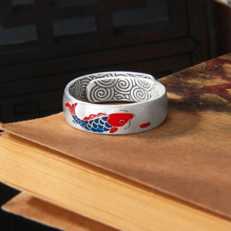 

Красное Китайское кольцо YS в стиле древнего стиля с изображением карпа из парчи, кольцо с улучшенными чувствами ins, цветное кольцо с рисунком