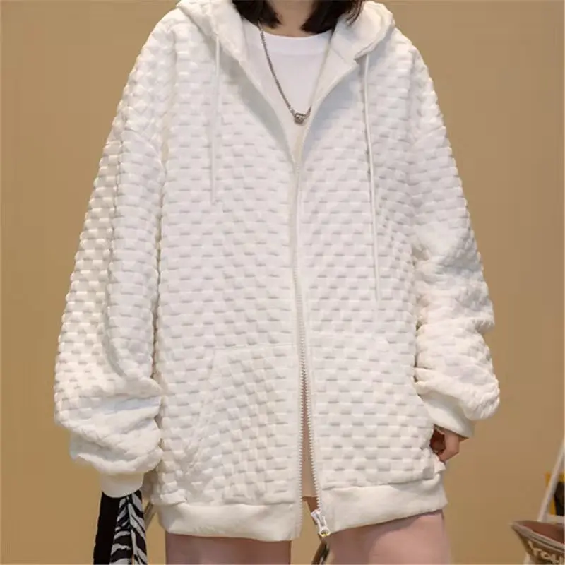 

Harajuku Korean Version of Loose Thin Long-sleeved Hooded Solid Color Retro Plaid Sweater Oversized Fashion Zipper Hoodie Women