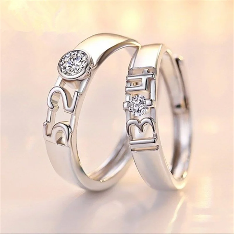 

2 PCS/Set Romantic Open Couple Ring Fashion Anniversary Wedding Number Cubic Zircon Ring Set Lover Adjustable Rings Jewelry