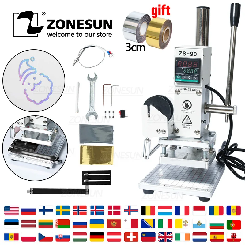 Máquina de Estampagem Zonesun Digital Quente Manual Bronzeamento Embosser Pvc Cartão Madeira Couro Imprensa Ferro Marca Zs-90