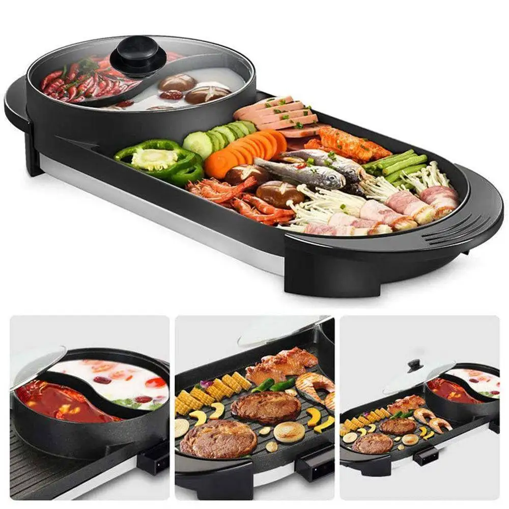 

Portable Grill 2 in 1 Electric Grill Barbecue Pan Smokeless Indoor Grilling Cook BBQ Oven Hot Pot Kitchen Tools Outdoor bbq