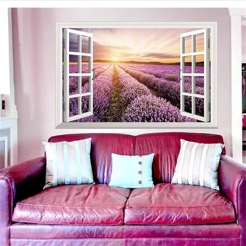 

Purple Lavender Flower Fields Sunrise Wall Sticker Fake 3D Window View Landscape Home Decor Sticker for Living Room Decoration