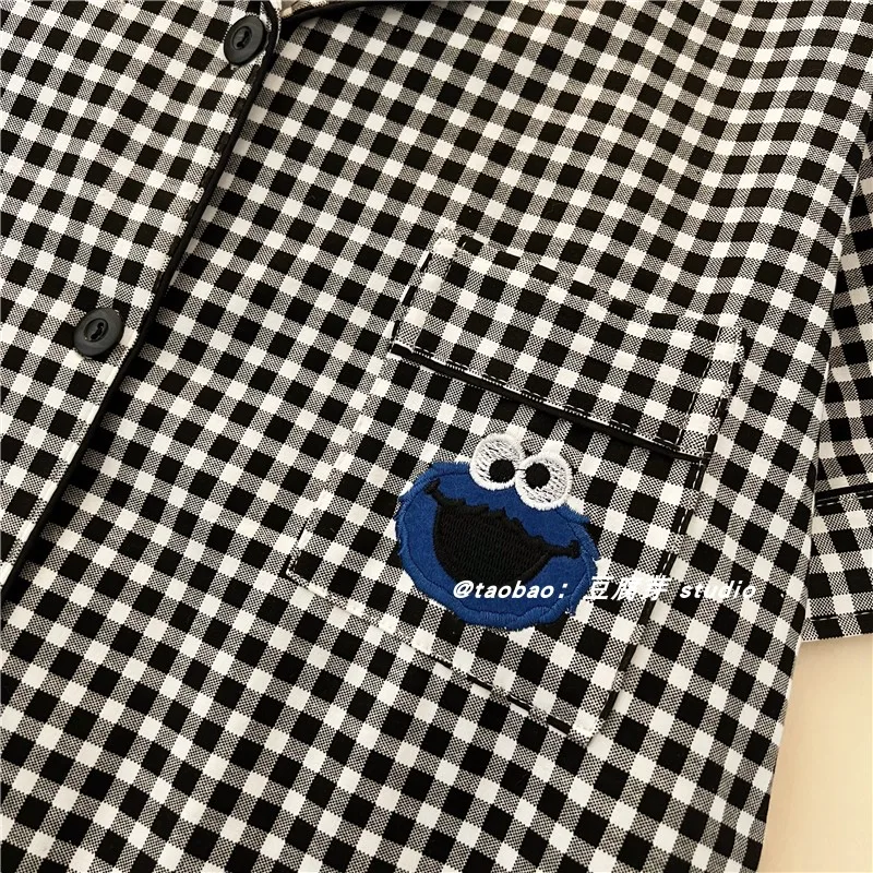 Summer New Ins Pajamas Women Japan fashion Plaid Sesame Street Thin Short sleeve Shorts Homewear Set Can Be Worn outside