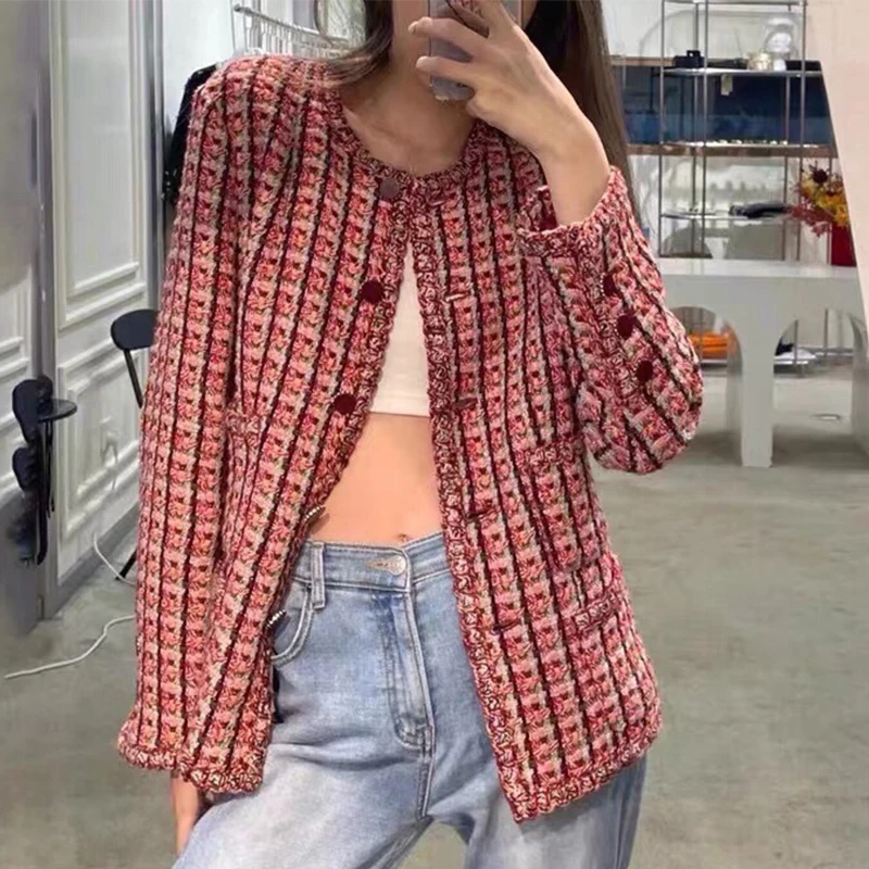 

22 Autumn-Winter Women Plaid Tweed Jacket O-neck Single Button Four Pockets Coat Red Slim Vintage Elegant Office Lady Outerwear