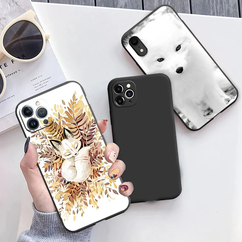 Silicone Black Phone Cases Cover for iPhone 11 14 Pro Max 12 13 Mini XR SE 7 8 6 6s Plus XS X SE3 11Pro Cartoon Raccoon Snow Fox