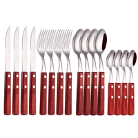 wooden handle cutlery set 16pcs stainless steel kitchen dinnerware forks spoons knives silverware tableware set dropshipping