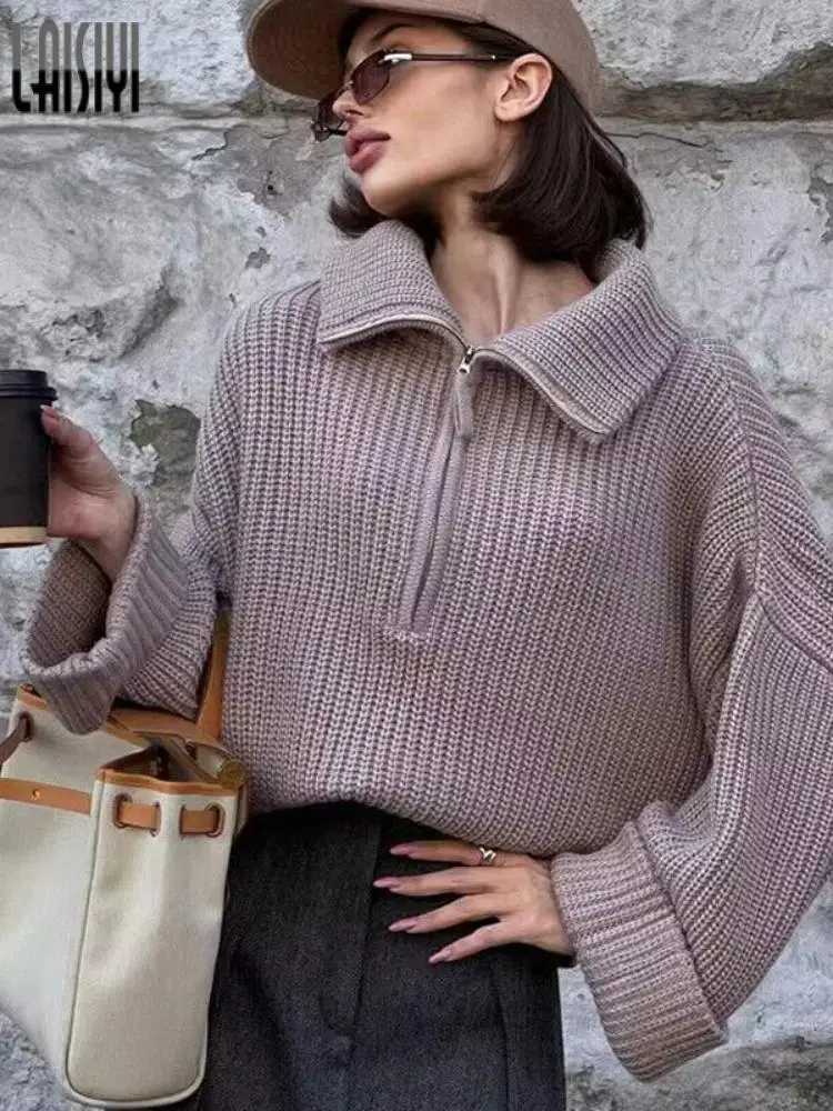 

Женский свитер LAISIYI, водолазка на молнии, Топ с длинным рукавом, однотонный Модный пуловер в Корейском стиле, весна 2023, повседневный вязаный ...