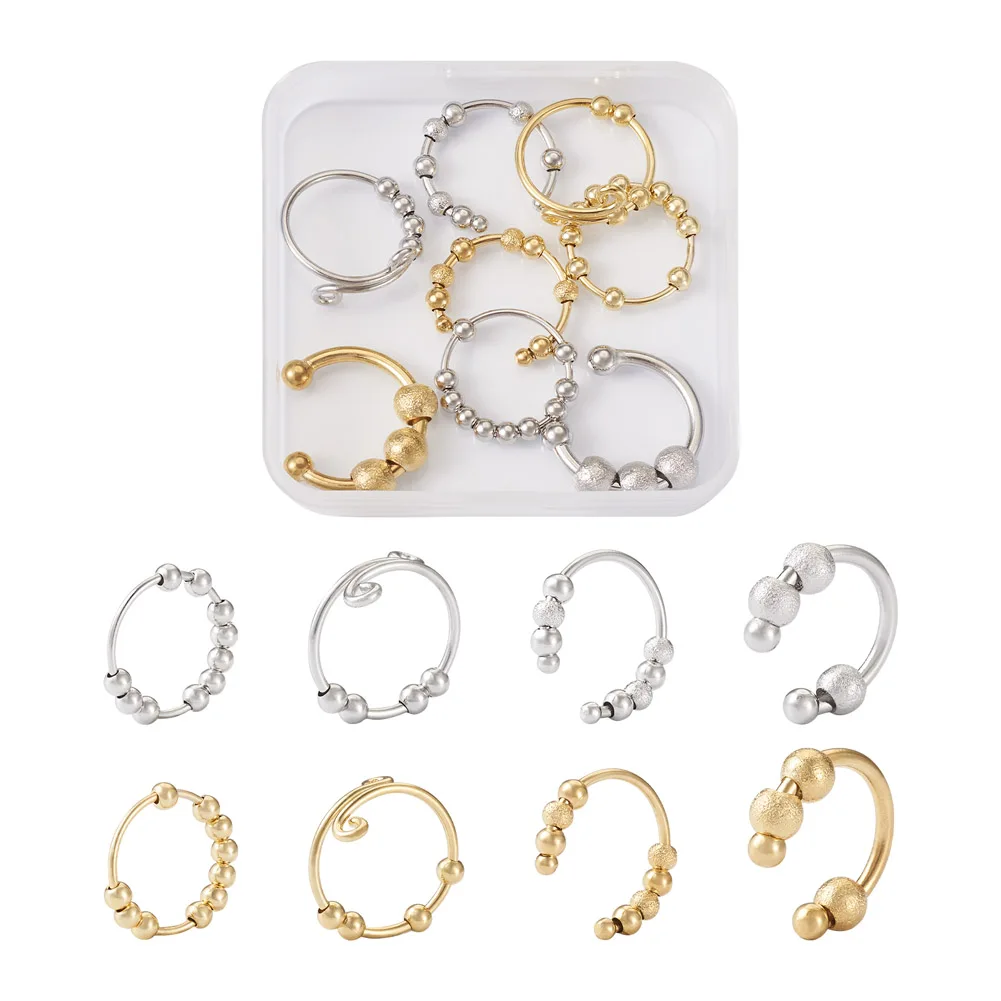 

8Pcs Rotate Freely Ring Anti Stress Anxiety Adjustable Brass Cuff Spinner Relieving Stress Beaded Fidget for Girl Women Gifts