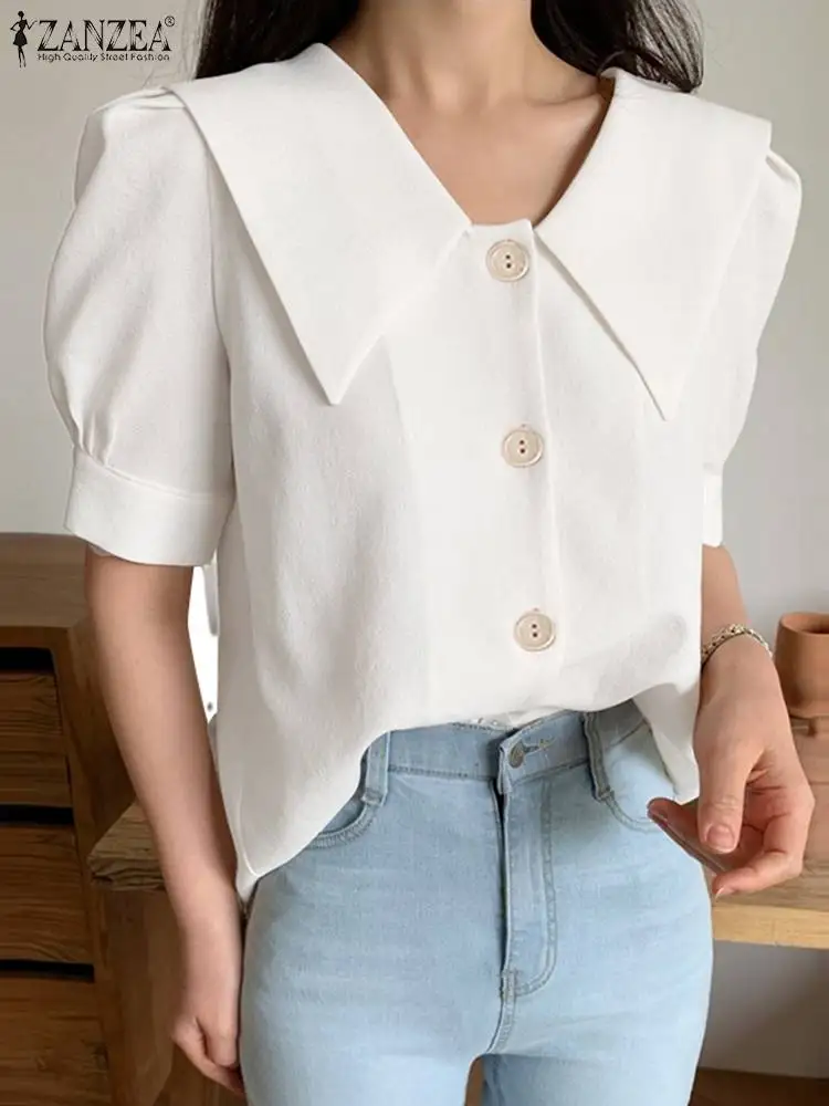 

Модные элегантные однобортные блузки ZANZEA с лацканами, топы 2022, летние блузки с полурукавами-фонариками, милые женские рубашки