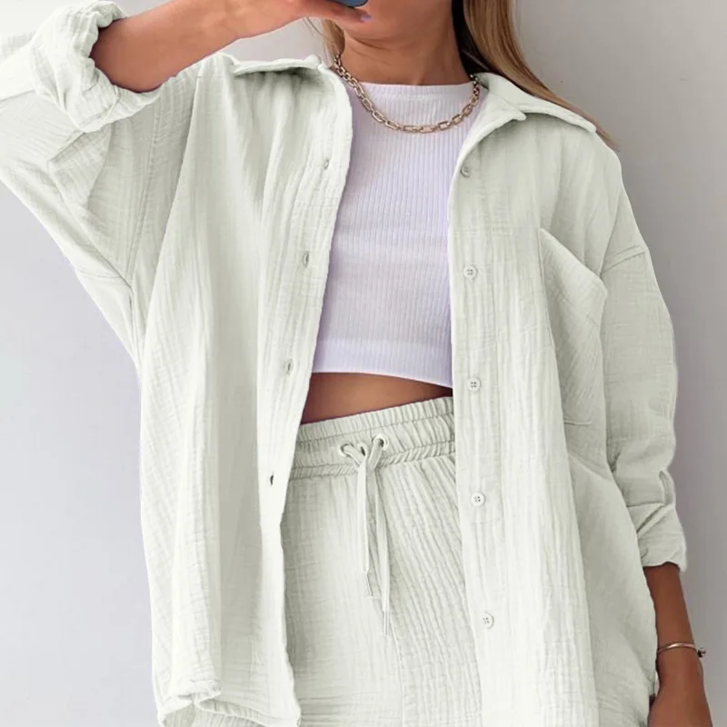 

Women'S Long Sleeved Thin Shirt Shorts Suit Summer High Waist Shorts Fashion Two Piece Set Female Loose Casual Outfit