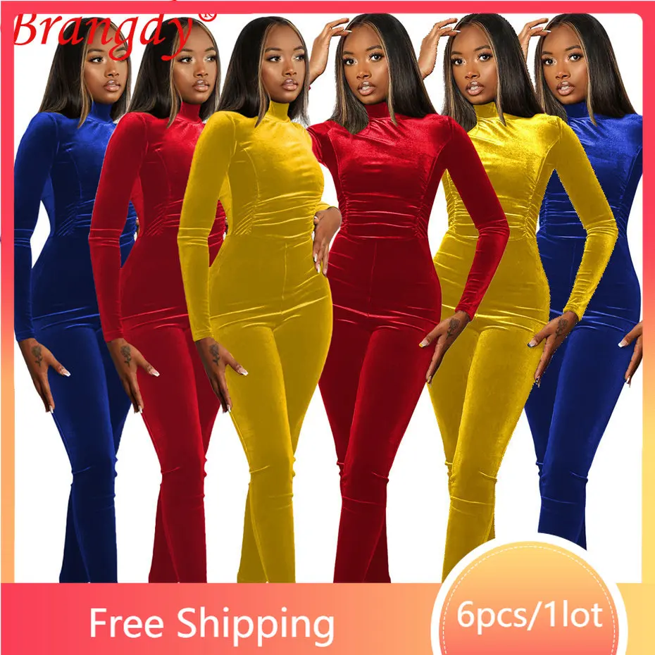 

6pcs Wholesale Items for Business Korea Velvet Jumpsuit Women Casual Long Sleeve Zipper Rompers One Piece Outfit Overall B10587