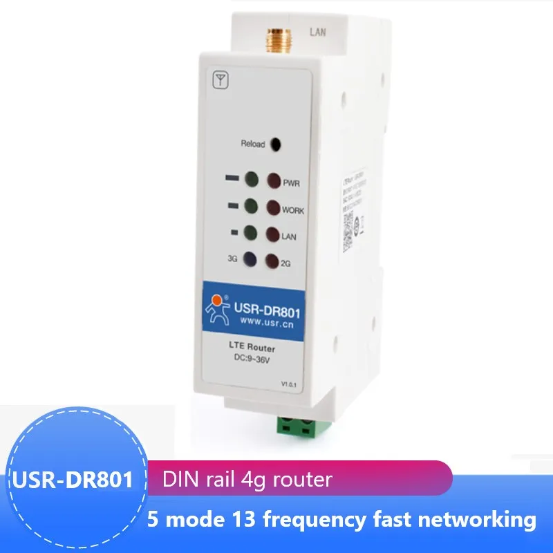 USR-DR801 Cost-effective DIN Rail 4G LTE Cat 1 Modem 9-36V Wide Range Support RS485 Serial Port Built-in 35mm DIN Rail Seat