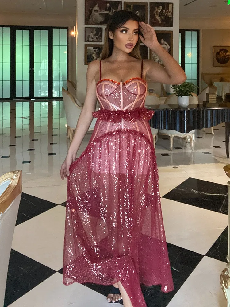 

Женское платье с блестками Laura Kors, длинное облегающее Сетчатое платье макси без рукавов с V-образным вырезом, Элегантное летнее платье 2023