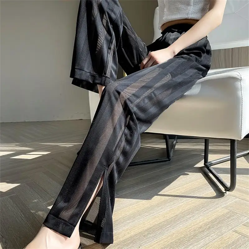 

Брюки женские длинные из вискозы, тонкие шифоновые Прямые повседневные штаны с широкими штанинами, с разрезом, элегантные, лето 2023