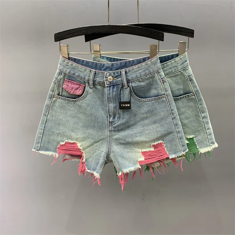 Ripped Denim Shorts 2023 Summer New High Waist Slimming Sense Of Design Contrast Color A-line Wide Leg Hot Pants For Hot Girls