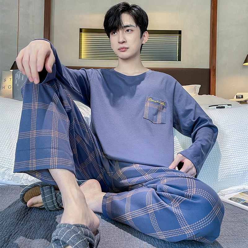 

Autumn Fashion Men Pajamas Sets Long Sleeve O Neck Tops Plaid Long Pants 2022 Spring Homewear Casual Male Sleepwear Sets L-4XL