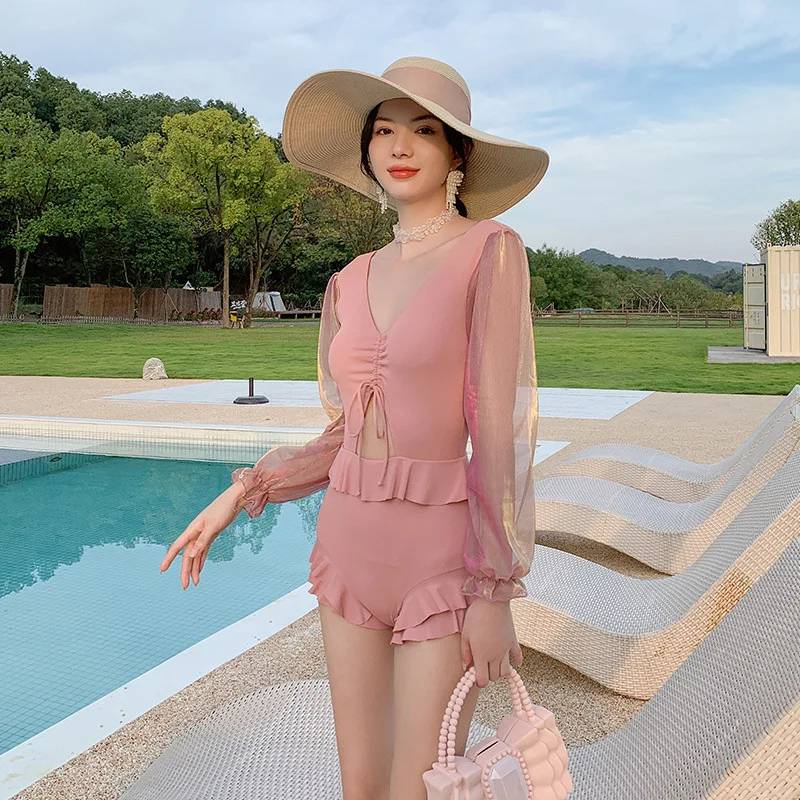 

One Piece Suit Swimsuit Women 2022 Plus Sizes Bath Exits For Beach Kawaii New Bathing Backless Hubble Bubble Long Sleeve Solid