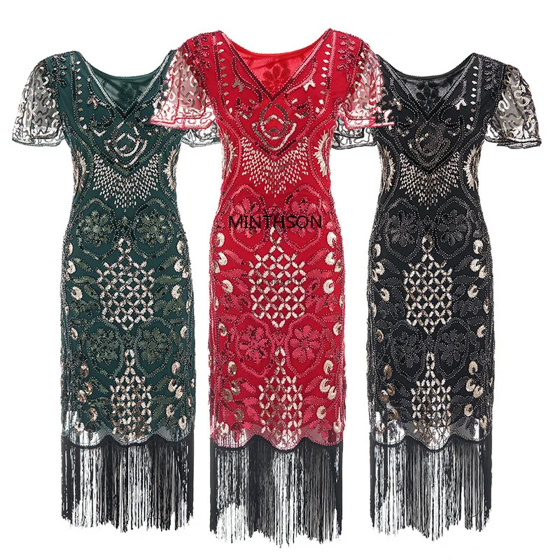 

1920s Flapper Dress Great Gatsby Sequin Beaded Fringe Dresses Art Deco Plus Size Long 20s Vintage Evening Cocktail Dress