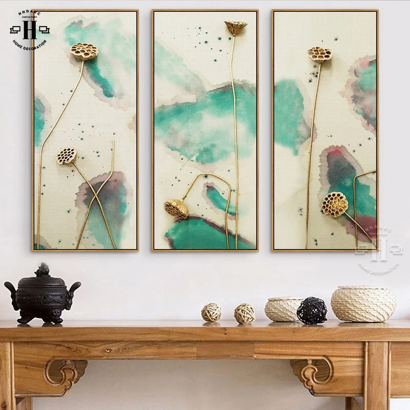 

Chinese Green Ink Painitng Style Canvas Prints And Posters Lotus Root Modern Wall Picture Art For Living Room Porch Home Decor